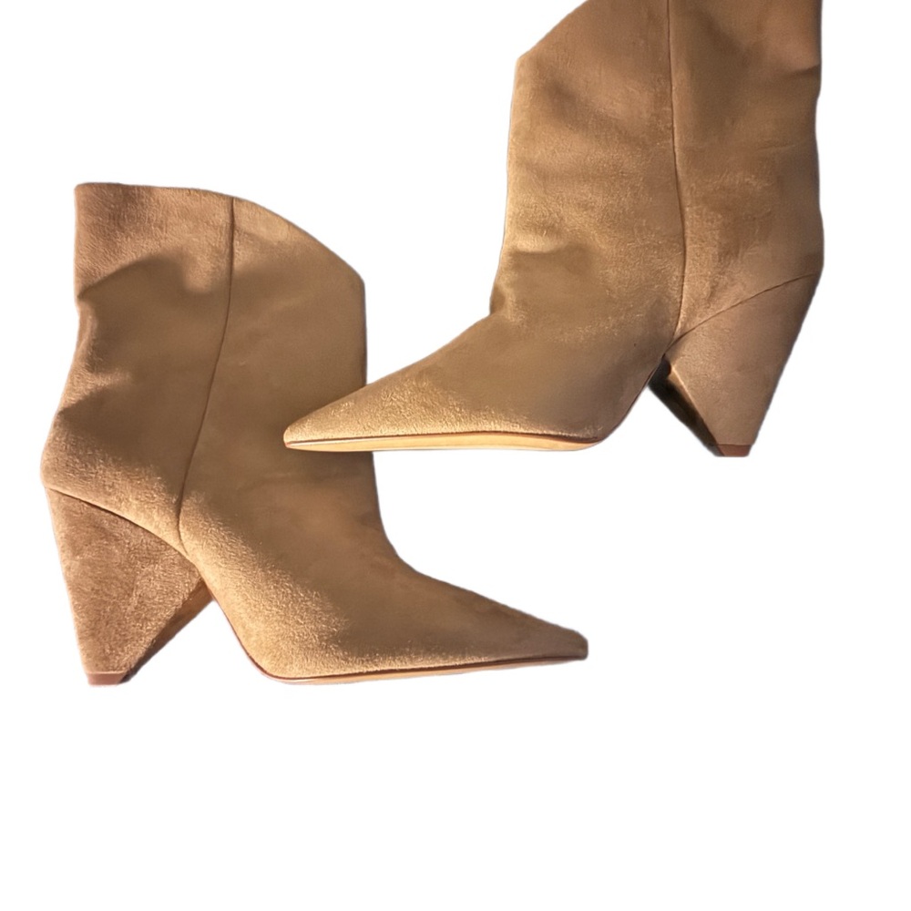 H&M Tan Suede Pointed Ankle Boots with Angled Block Heel